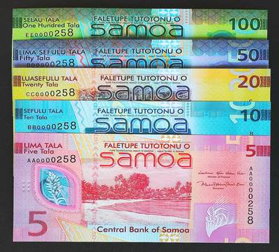 世界靓号纸钞第八十一期 - 2024-25年萨摩亚5-10-20-50-100塔拉 稀少全同号 百位号 无347尾8 258号 全新UNC 