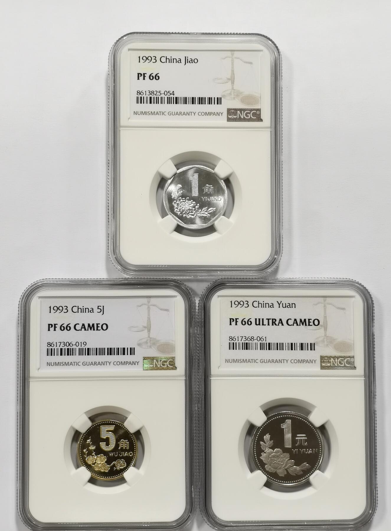 博洋堂世界钱币拍卖第157期（全场包邮） NGC PF66/66UC 中国1993年菊花1角、梅花5角、牡丹1元精制币一套3枚