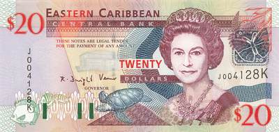 小福收藏拍卖第199期 裸钞场 本期有多张豹子号靓号 瑞士1000法郎 经典提香 毛里求斯首发年大全套 白俄罗斯5000000卢布 苏里南10000盾  爱沙尼亚  苏丹 西班牙 保加利亚 古巴等多国精美纸币 - 东加勒比(k）圣基茨和尼维斯 2003年 20元 千位号 尾8 unc