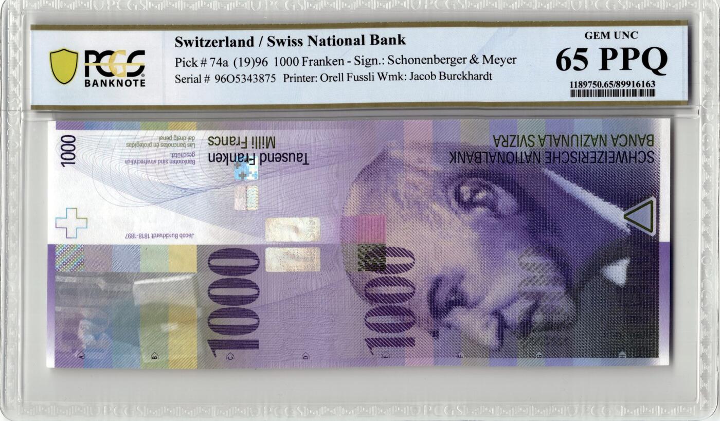 《艾美收藏》第229期-1.18周日外币荟萃 瑞士人像版少见1996年首发年首签1000法郎最高值PCGS65E 雅各布·布克哈特，艺术史与文化史学家，著有《意大利文艺复兴时期的文化》《希腊文化史》《世界历史沉思录》《君士坦丁大帝时代》等