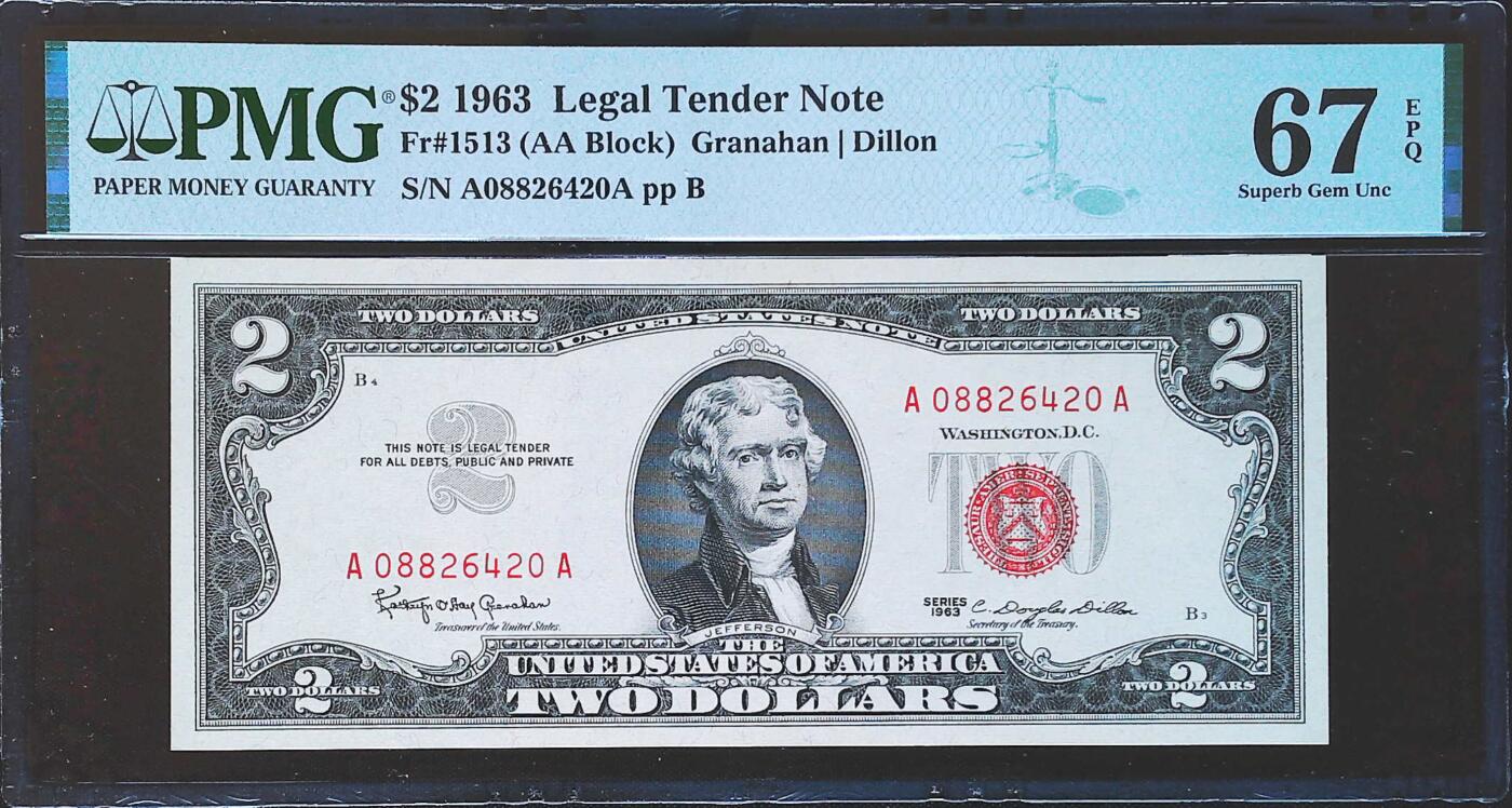 世界靓号纸钞第八十一期 1963年美国2美元 老美金 首发AA冠 全偶数 PMG67 超高分