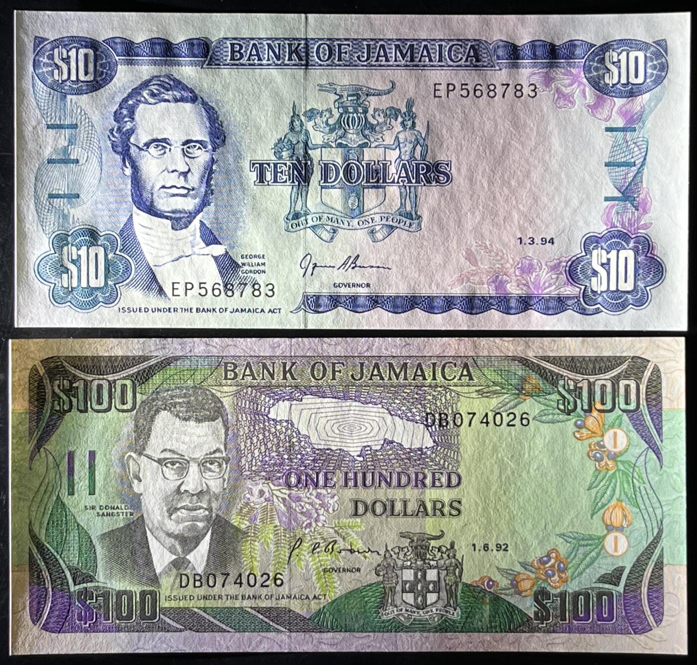 小福收藏拍卖第199期 裸钞场 本期有多张豹子号靓号 瑞士1000法郎 经典提香 毛里求斯首发年大全套 白俄罗斯5000000卢布 苏里南10000盾  爱沙尼亚  苏丹 西班牙 保加利亚 古巴等多国精美纸币 牙买加 1994年 10元+1992年 100元 1组2张 unc