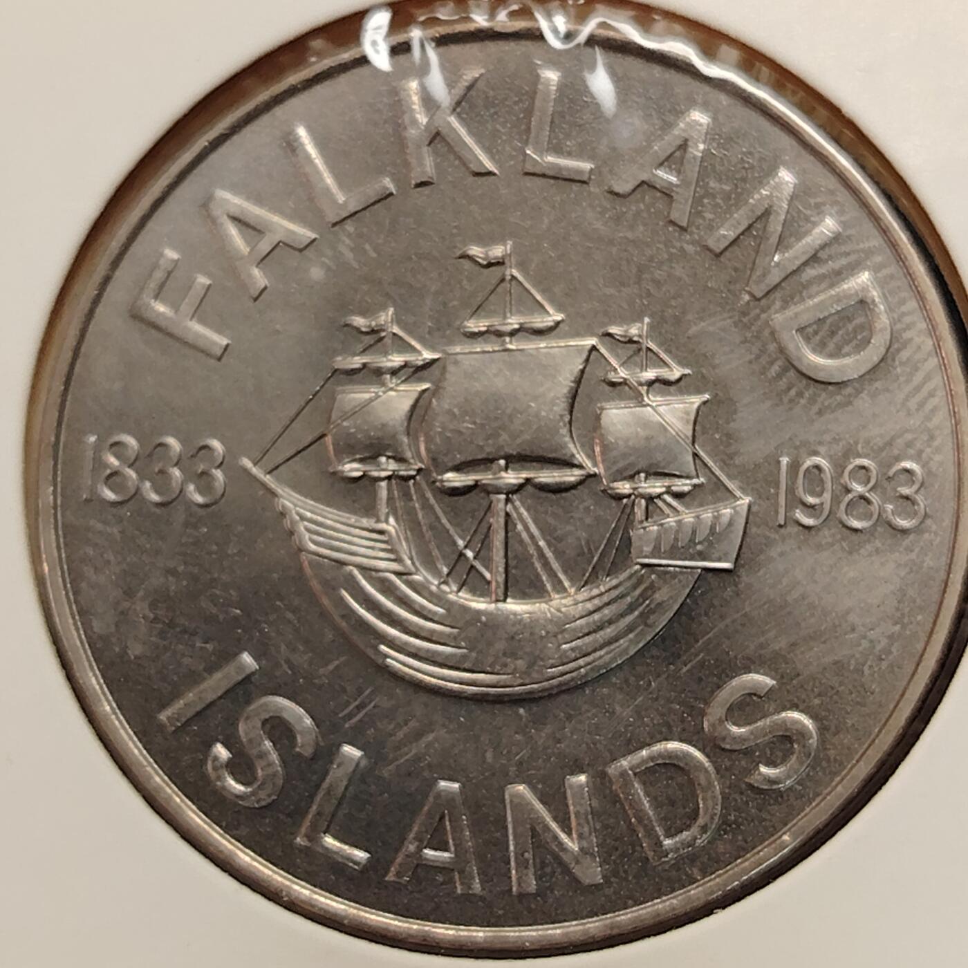布加迪🐬～世界钱币(上海)🌾第 269 期 /  各国套币和散币 福克兰群岛🇫🇰 1983年 50便士 精致币 英国统治150周年
