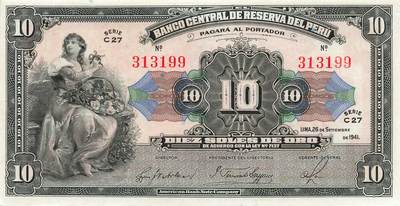 小福收藏拍卖第199期 裸钞场 本期有多张豹子号靓号 瑞士1000法郎 经典提香 毛里求斯首发年大全套 白俄罗斯5000000卢布 苏里南10000盾  爱沙尼亚  苏丹 西班牙 保加利亚 古巴等多国精美纸币 - 秘鲁 1941年 10索尔 首年份 靓号313199 unc