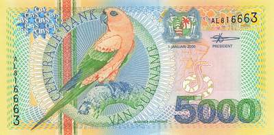 小福收藏拍卖第199期 裸钞场 本期有多张豹子号靓号 瑞士1000法郎 经典提香 毛里求斯首发年大全套 白俄罗斯5000000卢布 苏里南10000盾  爱沙尼亚  苏丹 西班牙 保加利亚 古巴等多国精美纸币 - 苏里南 2000年 5000盾 无47 unc