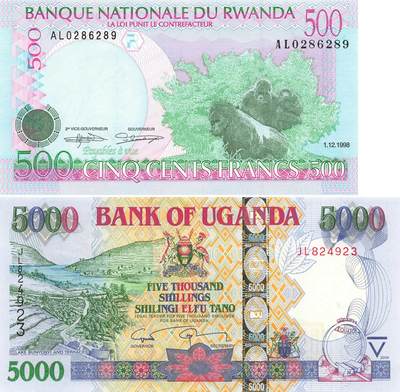 小福收藏拍卖第199期 裸钞场 本期有多张豹子号靓号 瑞士1000法郎 经典提香 毛里求斯首发年大全套 白俄罗斯5000000卢布 苏里南10000盾  爱沙尼亚  苏丹 西班牙 保加利亚 古巴等多国精美纸币 - 卢旺达 1998年 500法郎 无47+乌干达 2009年 5000先令 1组2张 unc