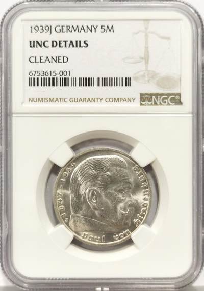 博洋堂世界钱币拍卖第157期（全场包邮） - NGC UNC 德国1939年J版兴登堡5马克银币 转光明显
