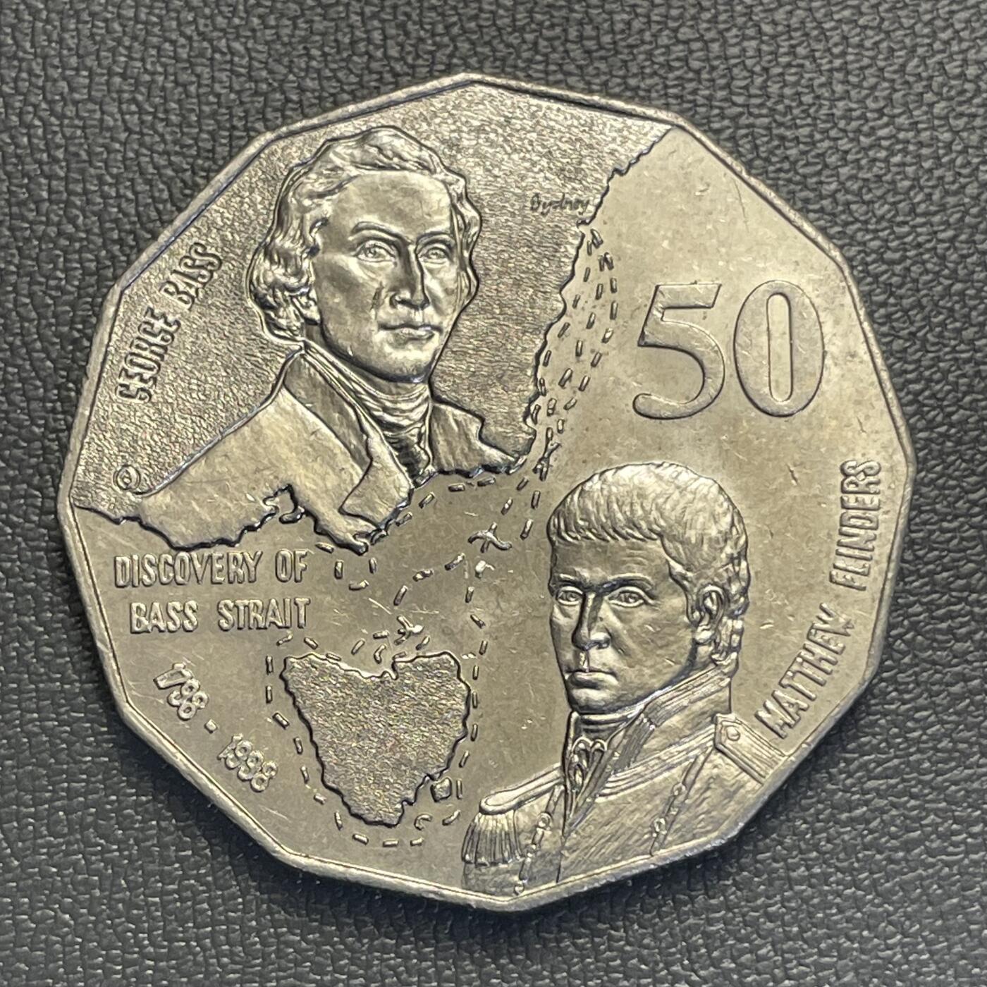 回流0119 澳大利亚1998年12边形50分纪念币  巴斯海峡发现200周年