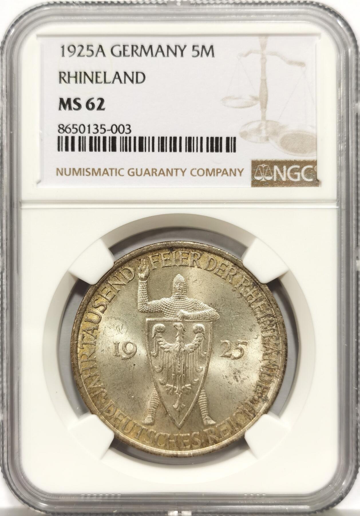 博洋堂世界钱币拍卖第157期（全场包邮） NGC MS62 德国魏玛1925年千年莱茵5马克银币，淡金包浆状态很好。