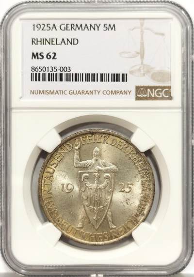 博洋堂世界钱币拍卖第157期（全场包邮） - NGC MS62 德国魏玛1925年千年莱茵5马克银币，淡金包浆状态很好。