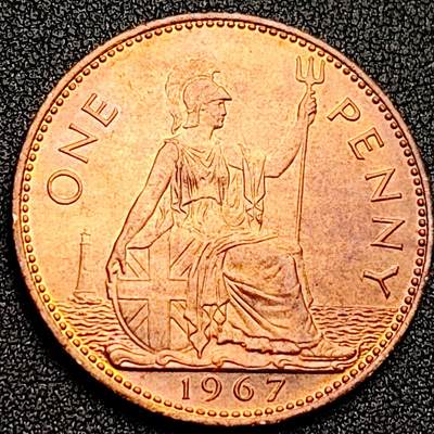 泉币菌-第170场- 精品福利场 -  原铜光UNC 1967年 英国女王伊丽莎白1便士硬币  大铜币 31mm