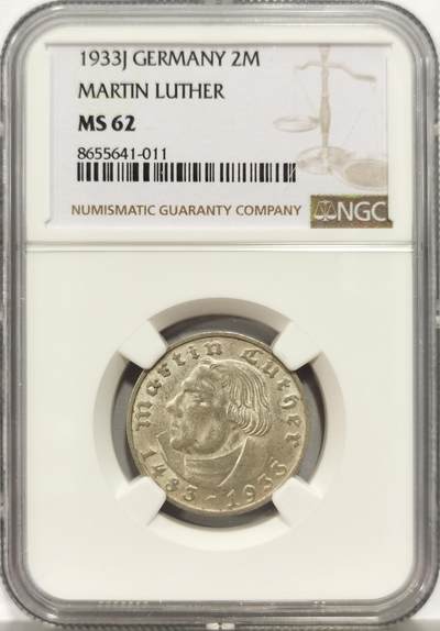 博洋堂世界钱币拍卖第157期（全场包邮） - NGC MS62 德国1933年J版马丁路德2马克银币 淡彩转光不错