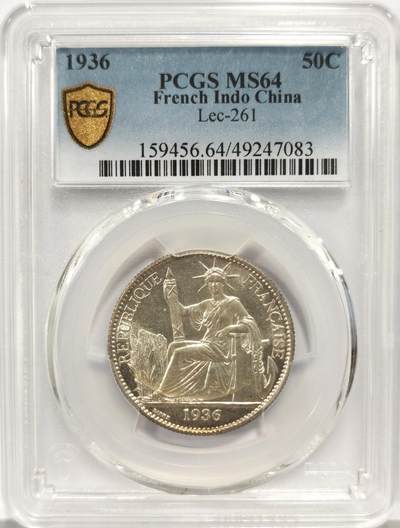 博洋堂世界钱币拍卖第157期（全场包邮） - PCGS MS64 法属印度支那1936年坐洋50分银币 原光淡彩 底板类镜面质感 打制甚佳
