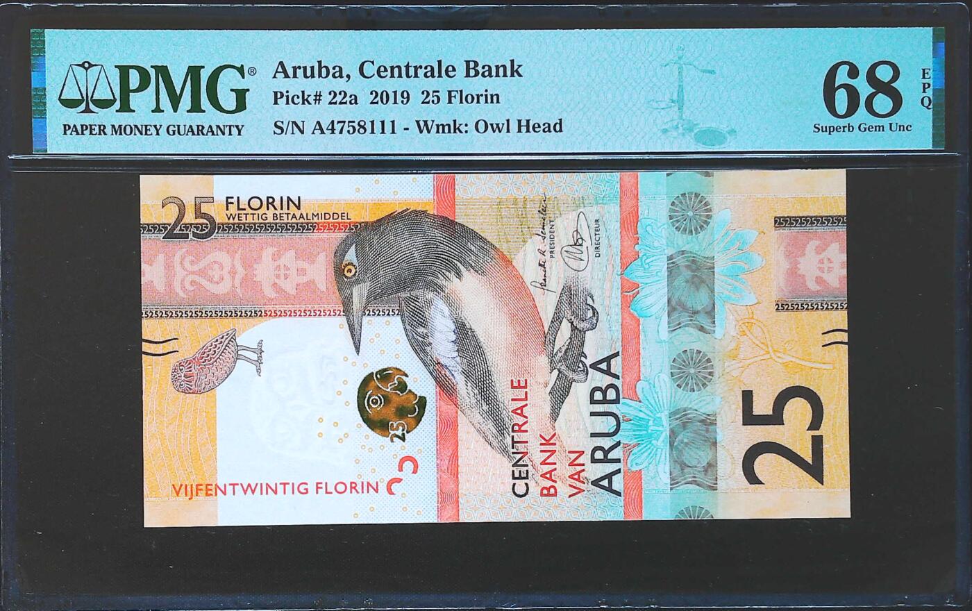 世界靓号纸钞第八十一期 2019年阿鲁巴25弗洛林 首发A冠 豹子号111 PMG68