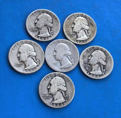 外国优质银币南亚香港苏联等专场，周六九点倒数截拍，满百包邮，持续收拍 - 美国1944年华盛顿 25 美分银币6枚，正面是乔治・华盛顿侧面像，轮廓虽经岁月磨损仍显沉稳威严；背面为展翅雄鹰与橄榄枝环绕的图案，承载二战时期流通币历史，银质包浆温润，兼具历史纪念与收藏价值。