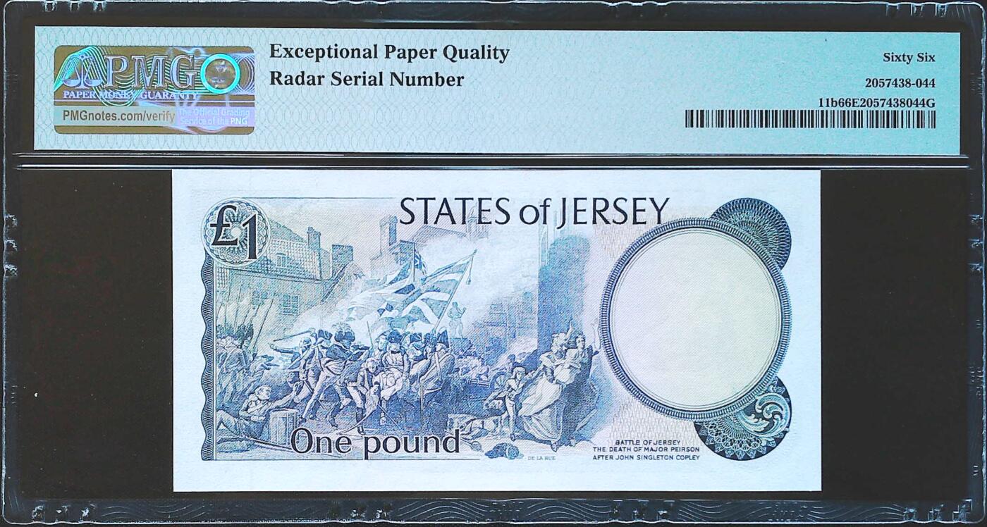 世界靓号纸钞第八十一期 1976-88年泽西岛1镑 圆圆号 雷达号 戎装女王 PMG66