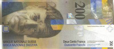 小福收藏拍卖第199期 裸钞场 本期有多张豹子号靓号 瑞士1000法郎 经典提香 毛里求斯首发年大全套 白俄罗斯5000000卢布 苏里南10000盾  爱沙尼亚  苏丹 西班牙 保加利亚 古巴等多国精美纸币 - 瑞士 2013年 200瑞士法郎 unc