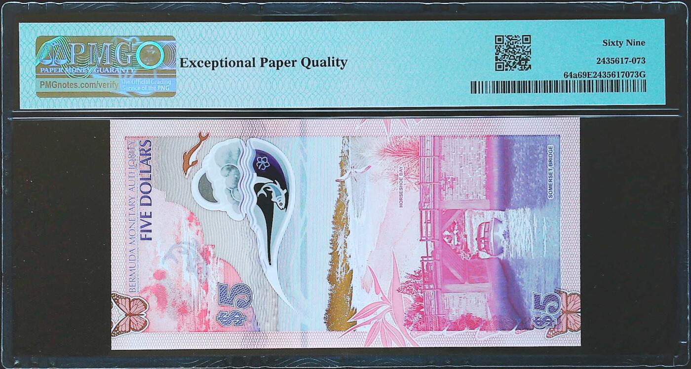 世界靓号纸钞第八十一期 2024年百慕大5元 首发A1冠 全程无47 PMG69 超高分 亚军分 2024年IBNS世界最佳纸币