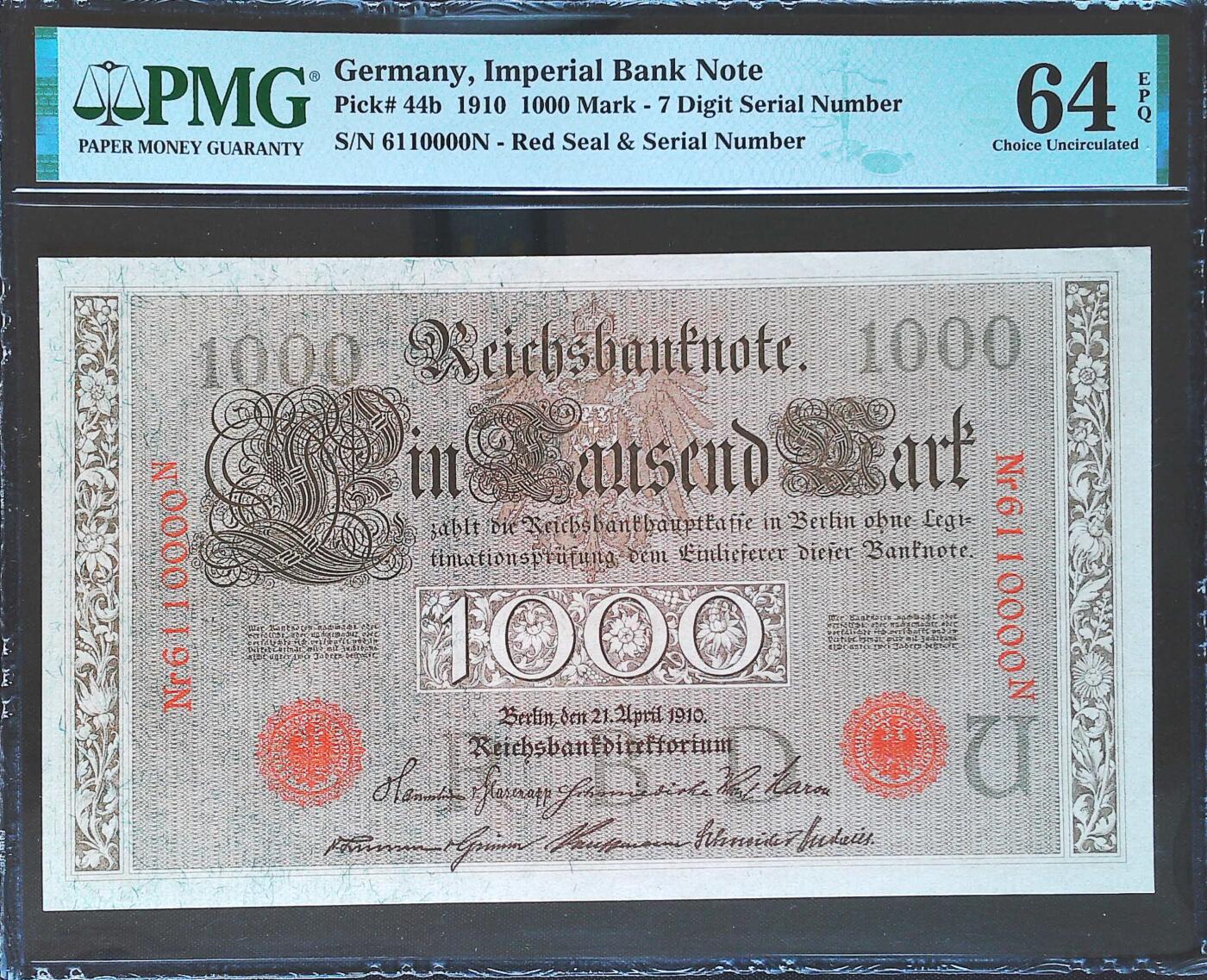 世界靓号纸钞第八十一期 1910年德国1000马克 超大票幅 倒置号 狮子号0000 PMG64