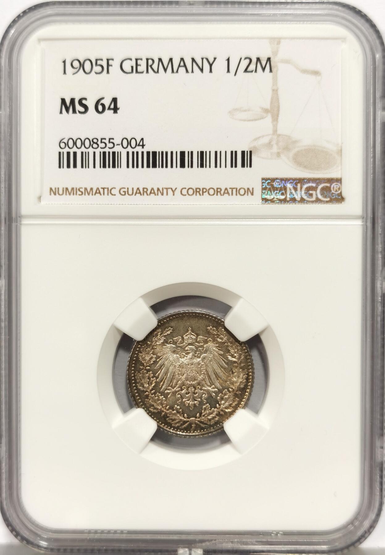 博洋堂世界钱币拍卖第157期（全场包邮） NGC MS64 德国1905年F版1/2马克银币