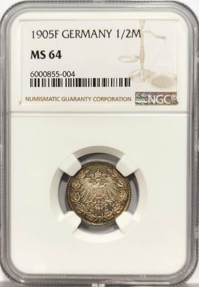 博洋堂世界钱币拍卖第157期（全场包邮） - NGC MS64 德国1905年F版1/2马克银币