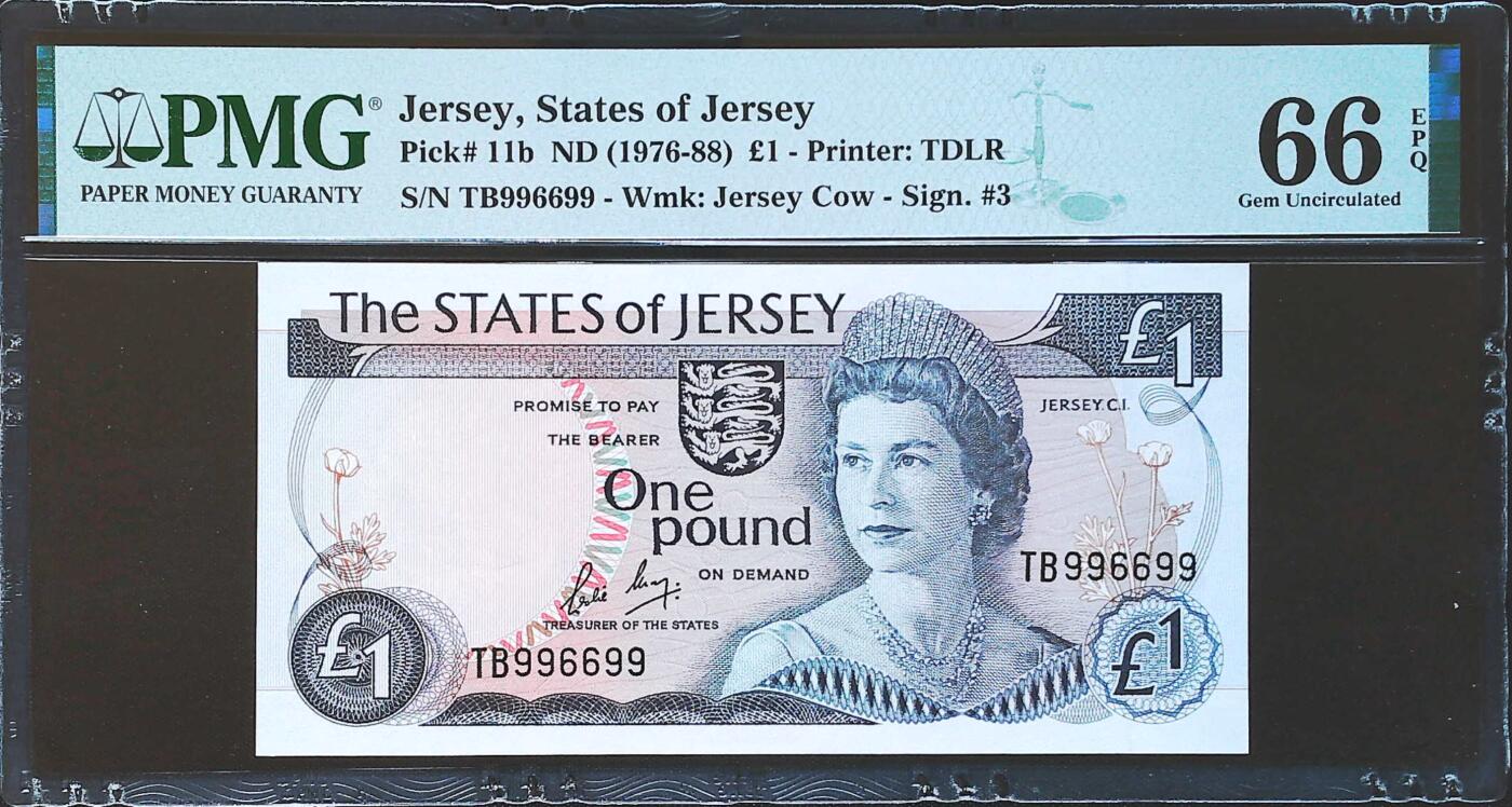 世界靓号纸钞第八十一期 1976-88年泽西岛1镑 圆圆号 雷达号 戎装女王 PMG66