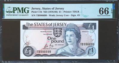 世界靓号纸钞第八十一期 - 1976-88年泽西岛1镑 圆圆号 雷达号 戎装女王 PMG66