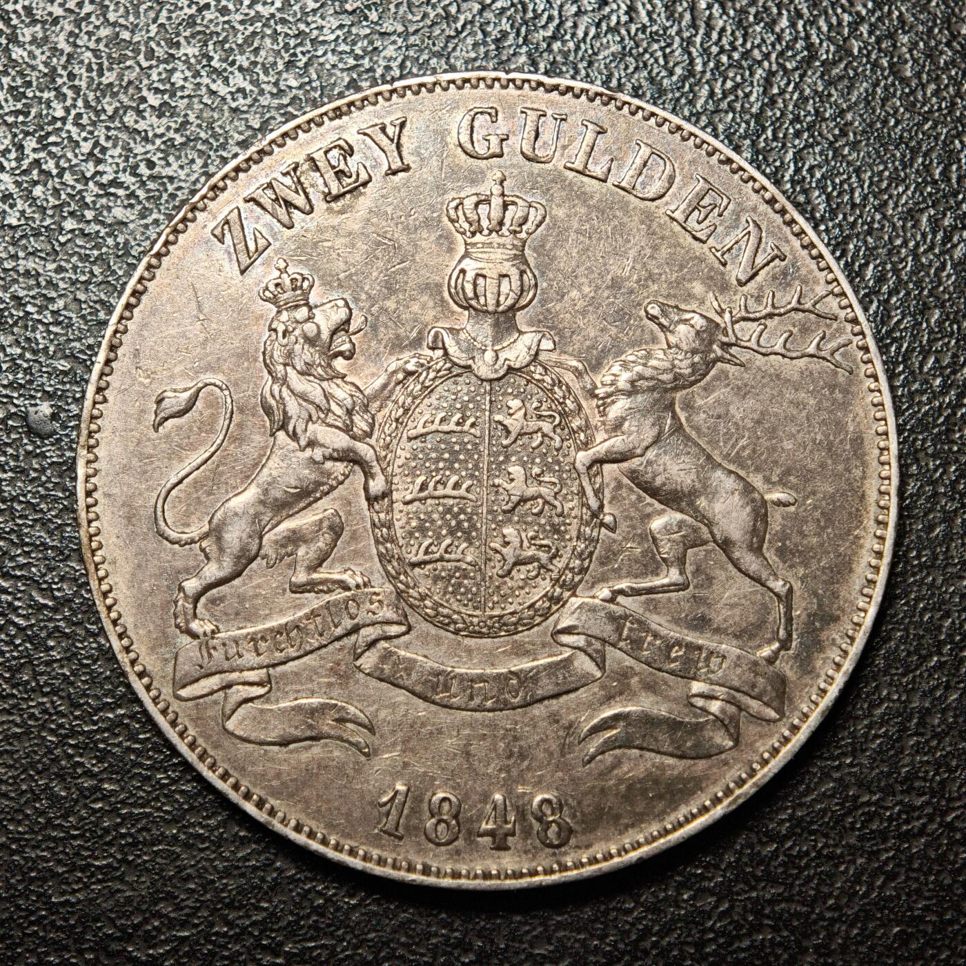 【德藏】世界币章拍卖第162期（拍品征集中~欢迎藏友联系） 1848年 德国符腾堡威廉一世2盾银币 直径约：35.6mm；重约：21.1g