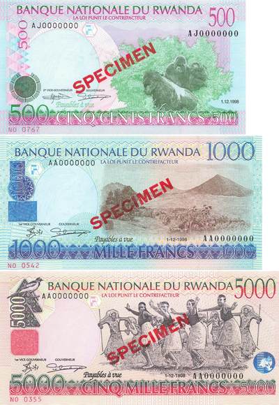 小福收藏拍卖第199期 裸钞场 本期有多张豹子号靓号 瑞士1000法郎 经典提香 毛里求斯首发年大全套 白俄罗斯5000000卢布 苏里南10000盾  爱沙尼亚  苏丹 西班牙 保加利亚 古巴等多国精美纸币 - 卢旺达 1998年 500 1000 5000法郎 样钞 1组3张 unc
