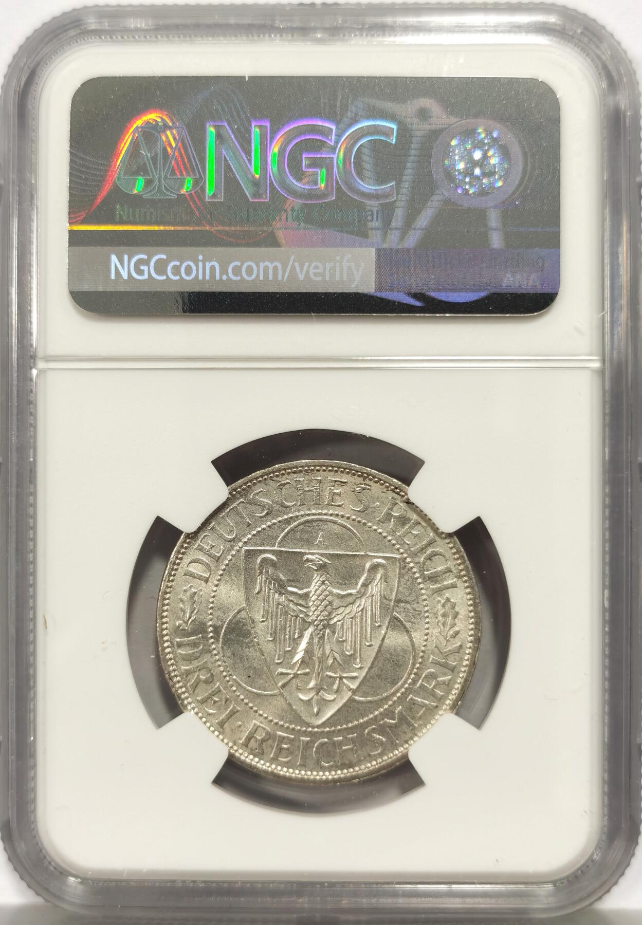 博洋堂世界钱币拍卖第157期（全场包邮） NGC MS62 德国1930年A版魏玛莱茵解放鹰桥3马克银币 淡彩带转光