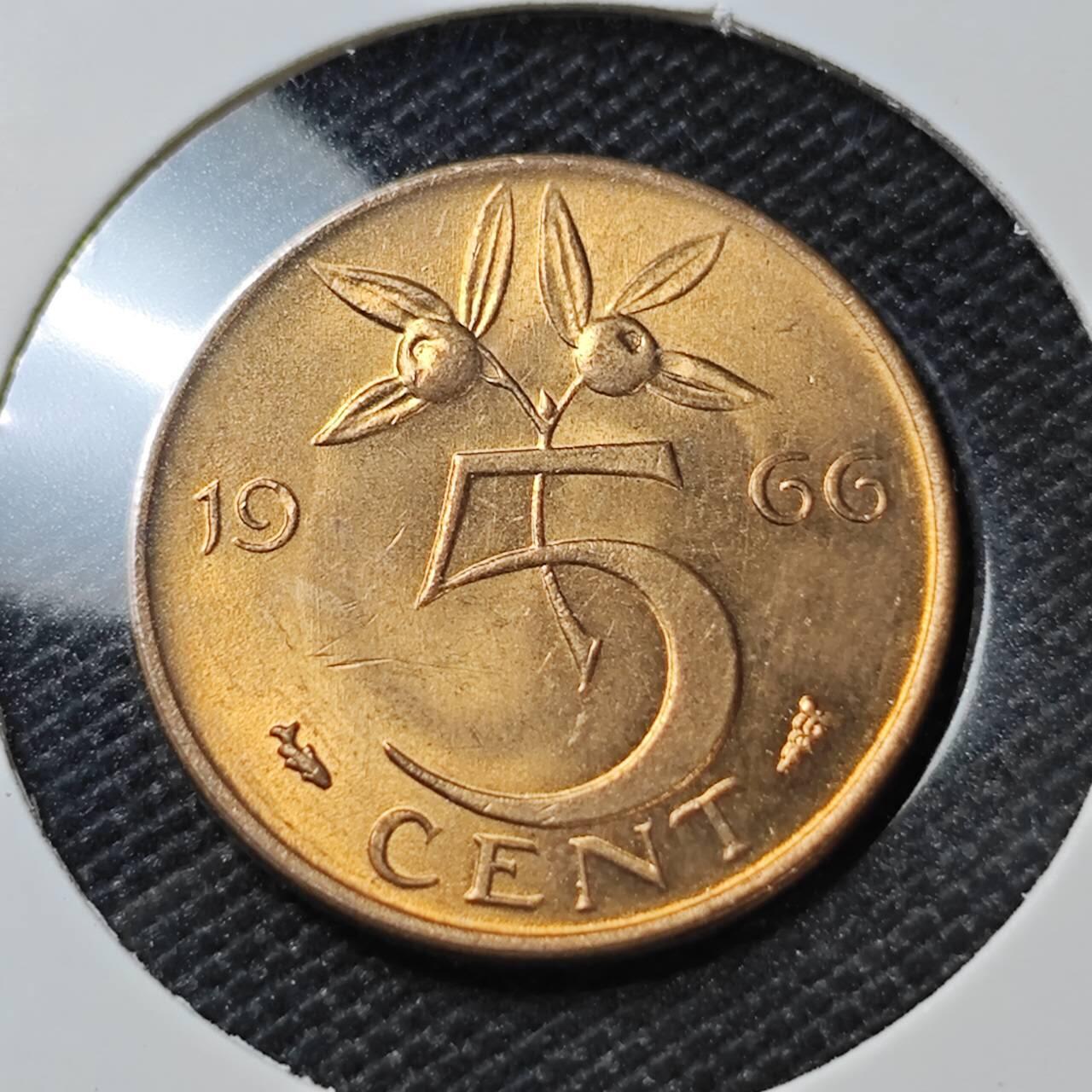 KK钱币收藏小铺 第380期  2月预留时间 周末发货   1966荷兰5分铜币 好品