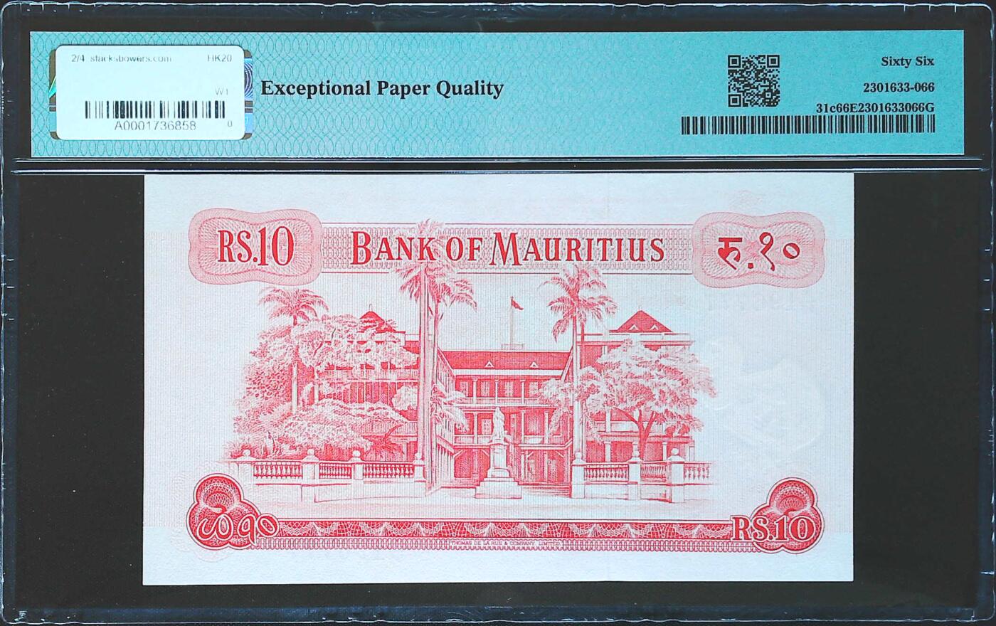 世界靓号纸钞第八十一期 1967年毛里求斯10卢比 豹子号777 PMG66 戎装女王