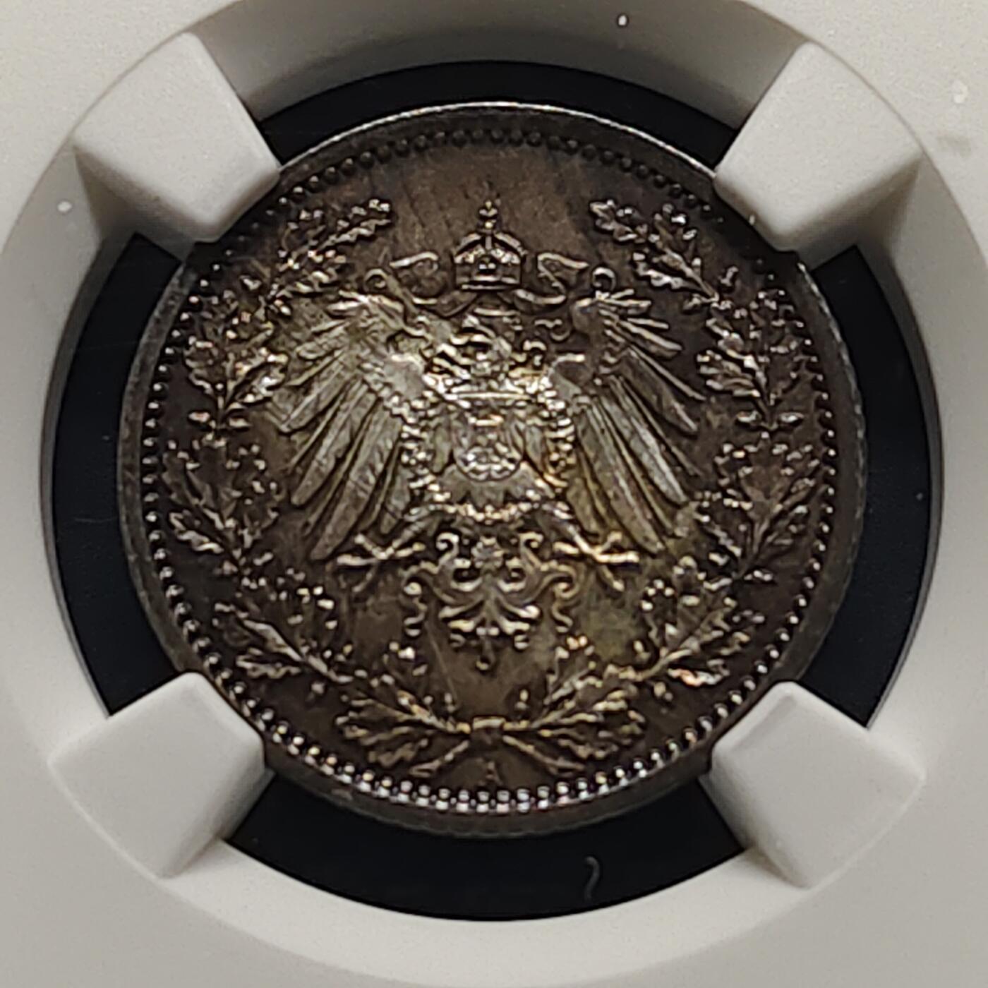 【全场包邮】纯粹捡漏拍495场-持续更新中 德国第二帝国1918年1/2马克银币（彩色包浆）-NGC MS64