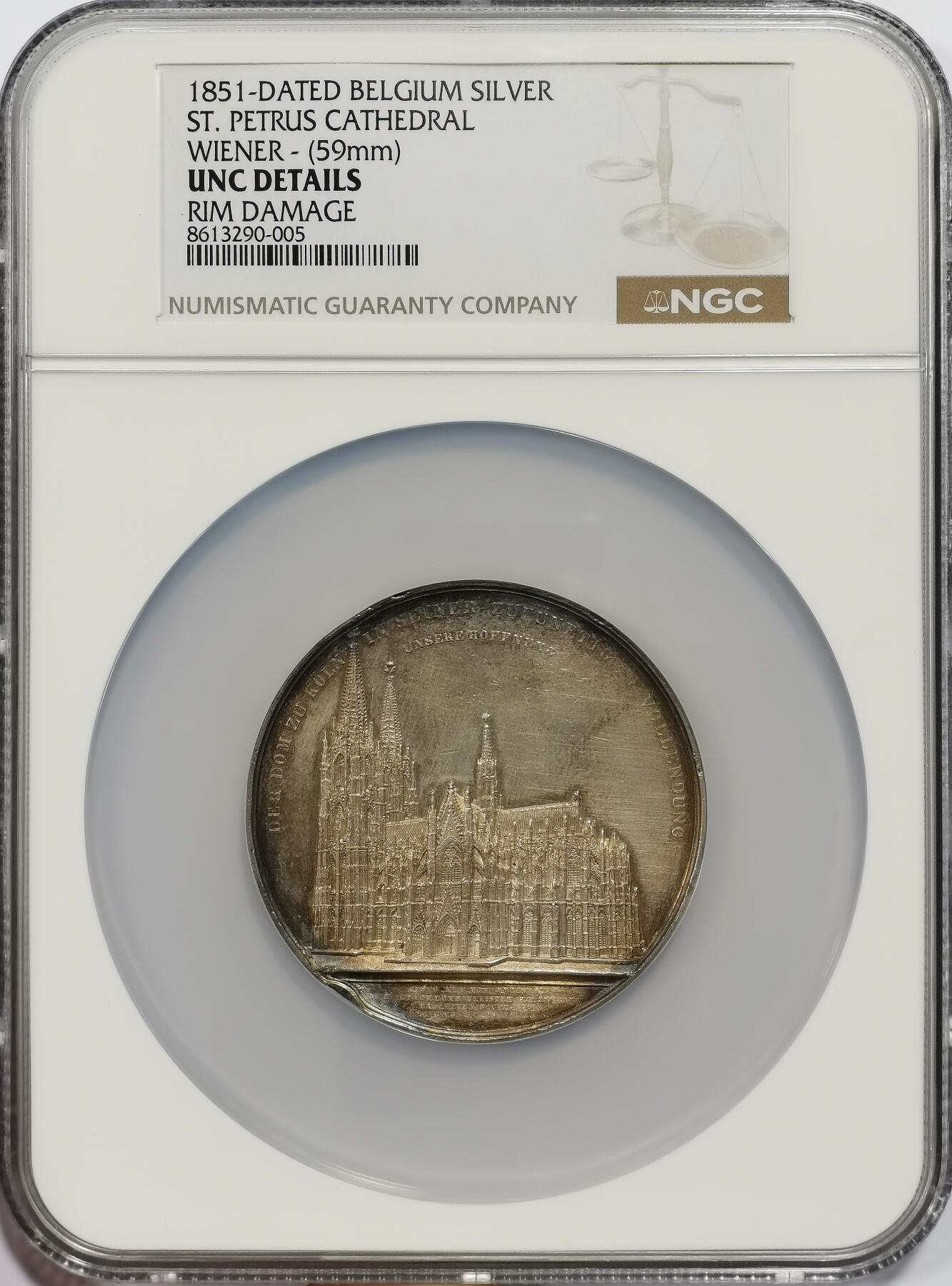博洋堂世界钱币拍卖第157期（全场包邮） NGC UNC 德国1851年克隆大教堂纪念银章，J.Wiener代表作大教堂系列之一，直径59mm。科隆大教堂建于1248-1880年，耗时超过600年，二战时经历空袭，有14处严重受损创面，反面内容是十九世纪维修的场景。