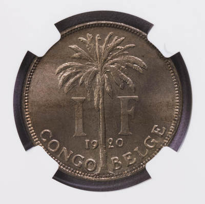 NGC-MS65 1920比属刚果1法郎镍币 唯一冠军分 NGC-MS65 1920比属刚果1法郎镍币 唯一冠军分