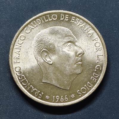 【全场包邮】纯粹捡漏拍495场-持续更新中 - 西班牙1966年佛朗哥100比塞塔银币【34毫米19克，纯银价约304元（按20元银价折算）】