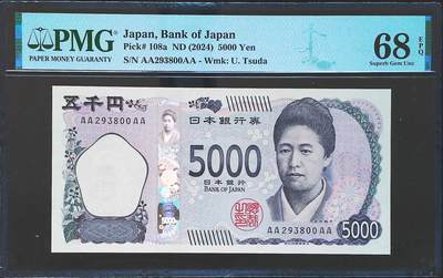世界靓号纸钞第八十一期 - 2024年日本5000日元 稀少首发AAAA 全程无47 PMG68 超高分