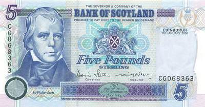 小福收藏拍卖第199期 裸钞场 本期有多张豹子号靓号 瑞士1000法郎 经典提香 毛里求斯首发年大全套 白俄罗斯5000000卢布 苏里南10000盾  爱沙尼亚  苏丹 西班牙 保加利亚 古巴等多国精美纸币 - 苏格兰 苏格兰银行 2006年 5镑 纪念钞 无47 紫外边缘微潮 unc