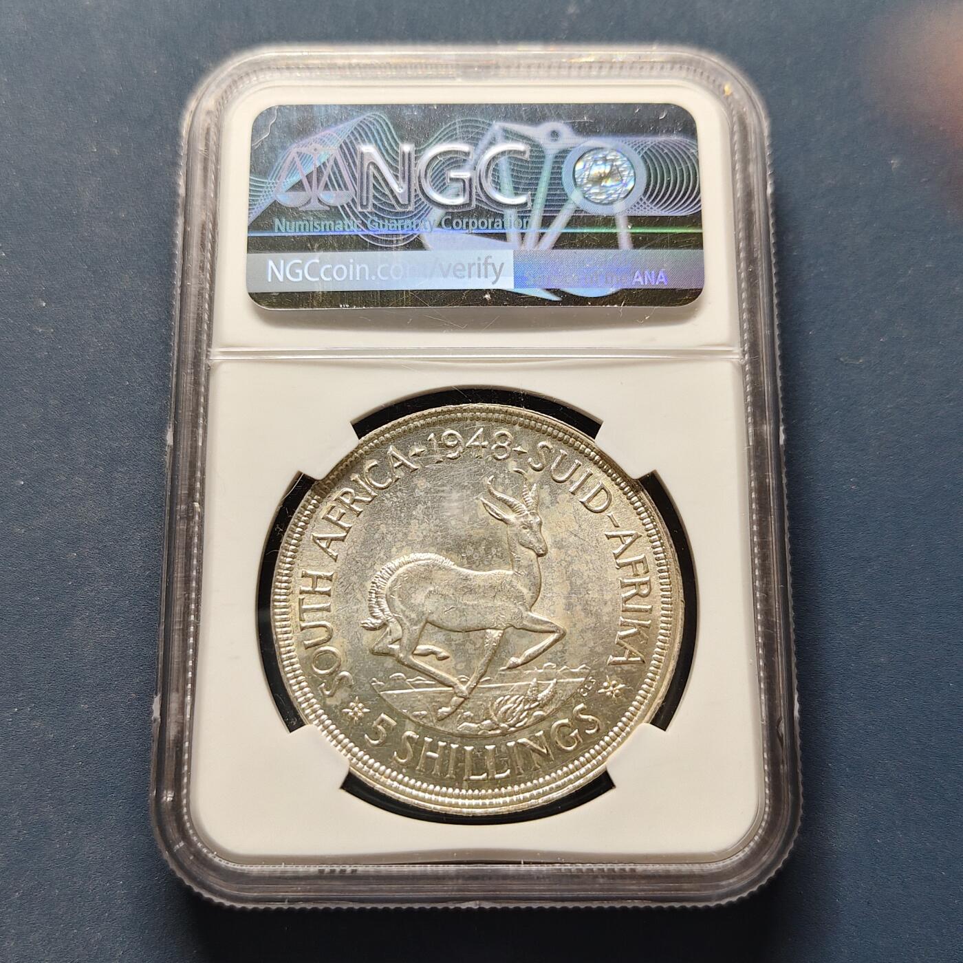 【全场包邮】纯粹捡漏拍495场-持续更新中 南非1948年乔治六世5先令羚羊克朗型银币【38.61毫米28.28克，纯银价约407元（按18元银价折算）】-NGC UNC DETAILS