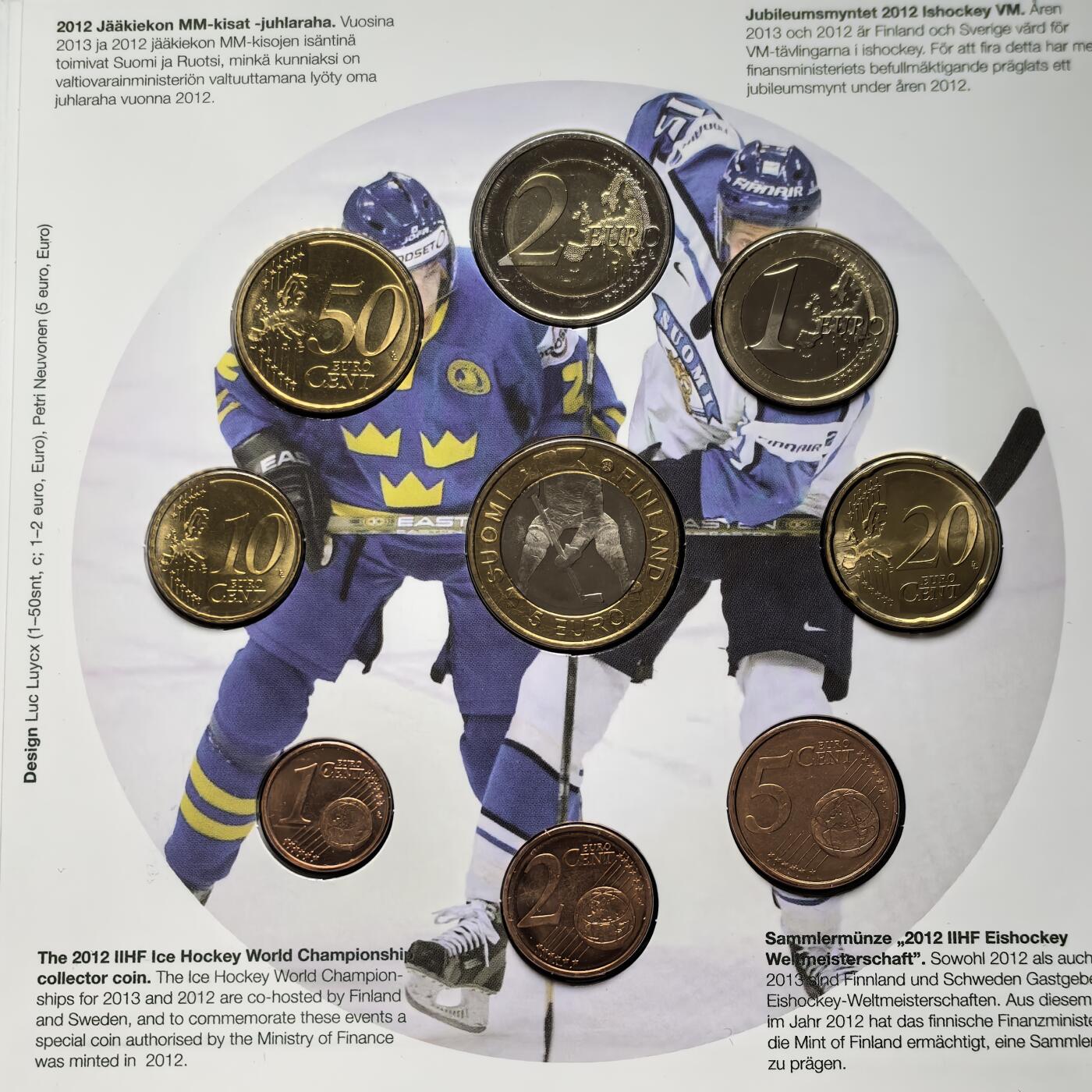 道一币馆币章第一百六十二场 原包装 芬兰2013年冰球世锦赛欧元套装九枚 含5欧元纪念币
