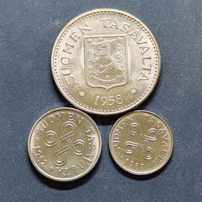 【全场包邮】纯粹捡漏拍494场 - 芬兰1958-1962年散币3枚一组-含200马克银币【27.5毫米8.3克，纯银价约83元（按20元银价折算）】