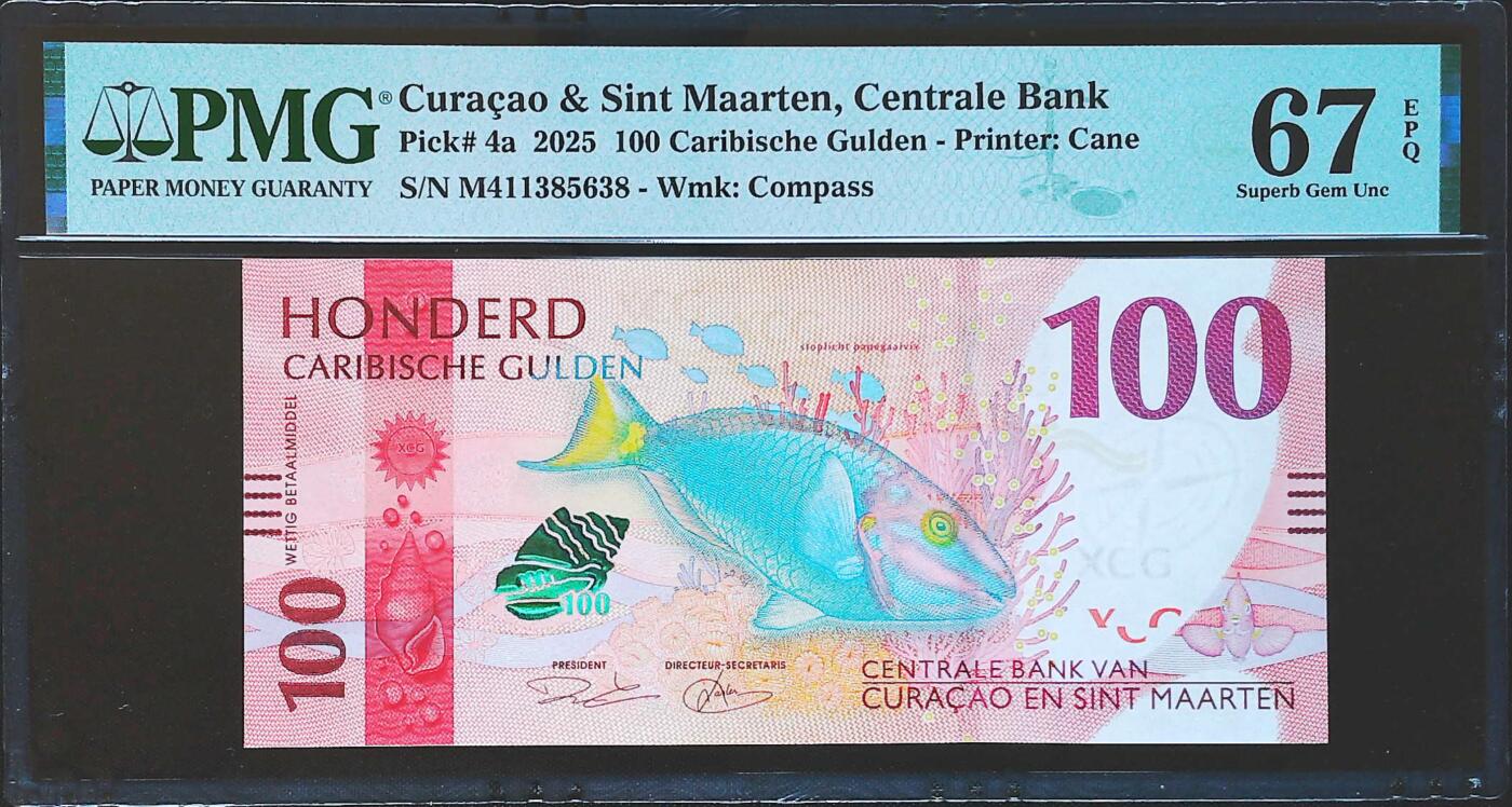 世界靓号纸钞第八十一期 2025年库拉索和圣马丁100加勒比盾 全程无47尾8 PMG67 超高分 亚军分