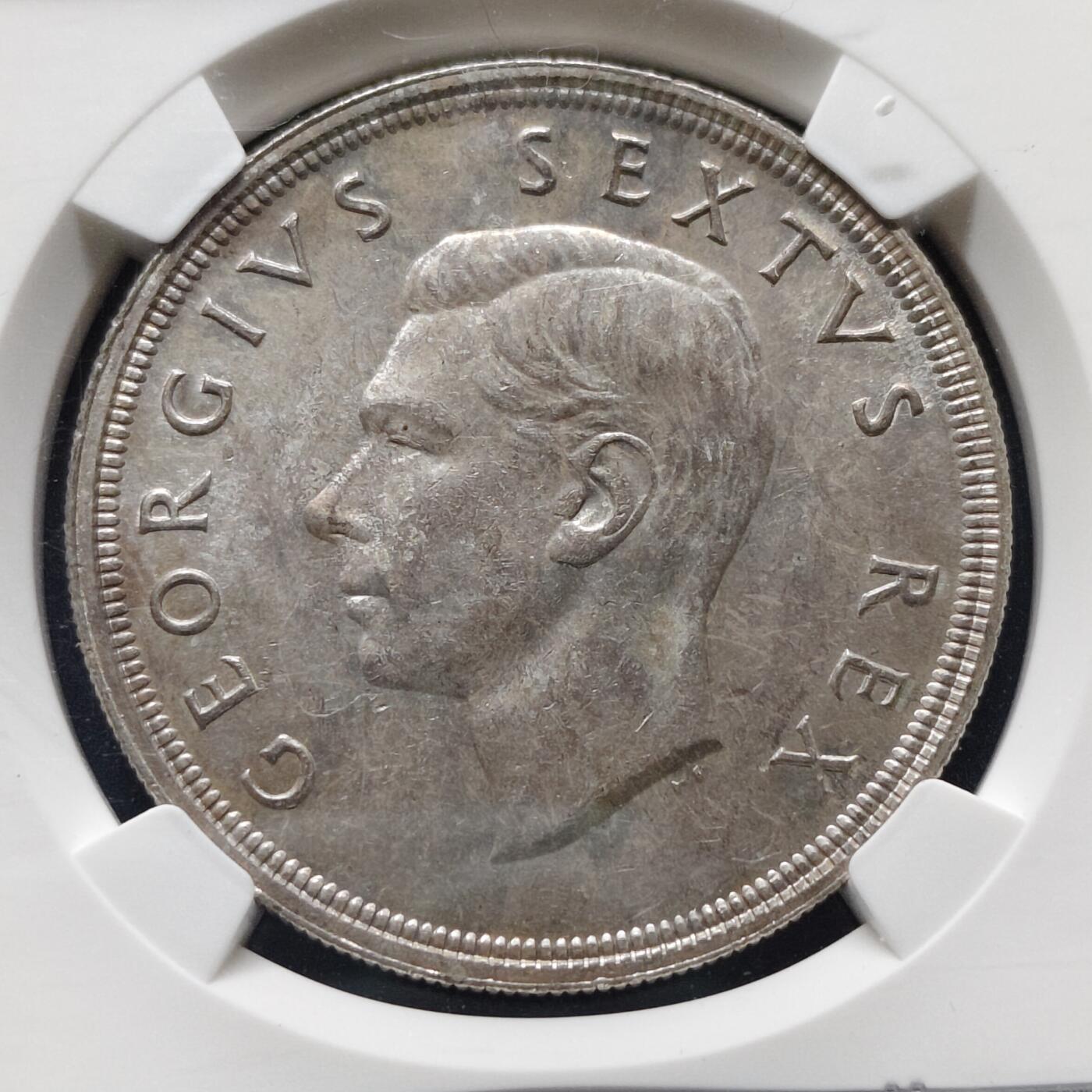 【全场包邮】纯粹捡漏拍495场-持续更新中 南非1948年乔治六世5先令羚羊克朗型银币【38.61毫米28.28克，纯银价约407元（按18元银价折算）】-NGC UNC DETAILS