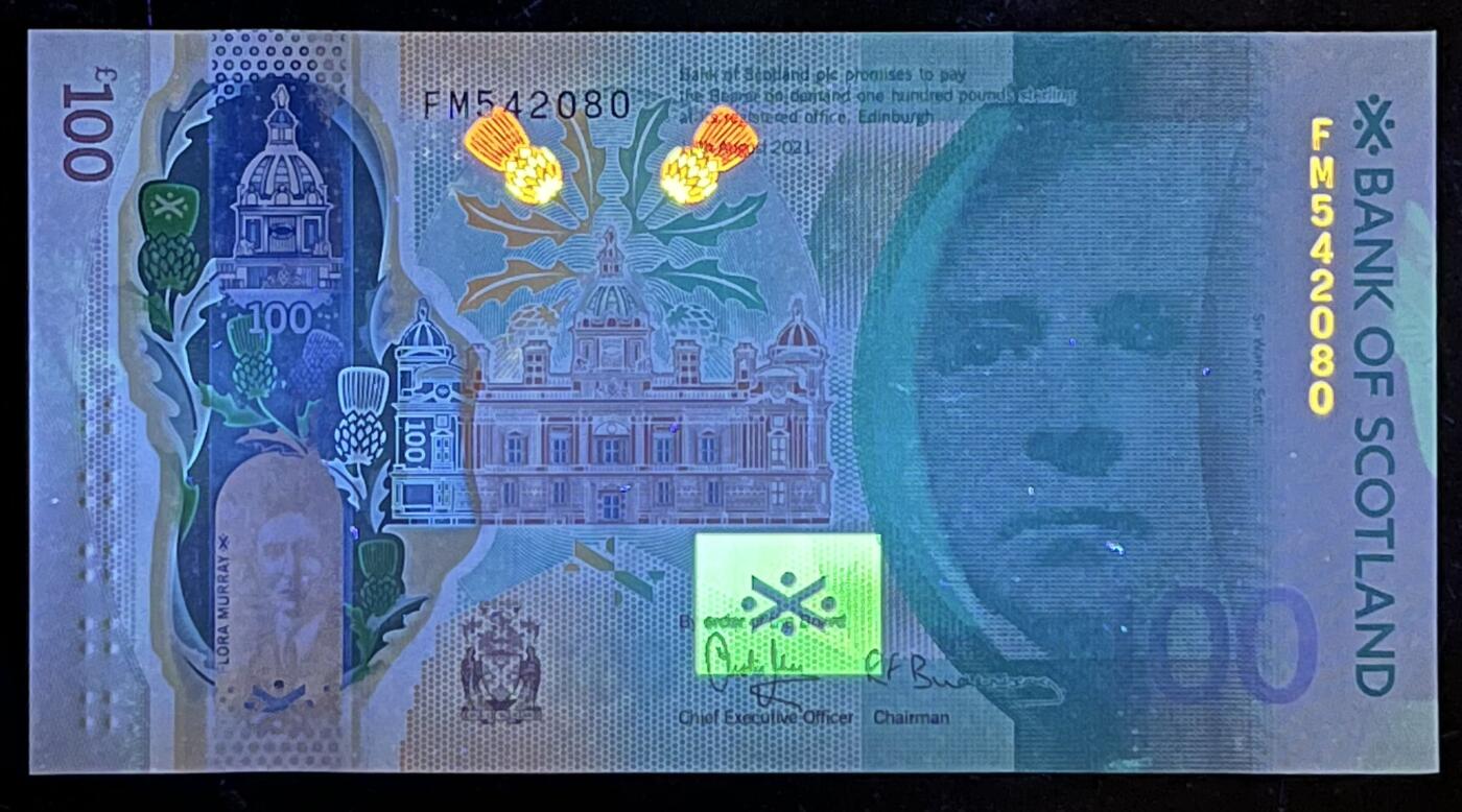 小福收藏拍卖第199期 裸钞场 本期有多张豹子号靓号 瑞士1000法郎 经典提香 毛里求斯首发年大全套 白俄罗斯5000000卢布 苏里南10000盾  爱沙尼亚  苏丹 西班牙 保加利亚 古巴等多国精美纸币 苏格兰 苏格兰银行 2021年 100镑 纪念钞 塑料钞 unc- 左下角折