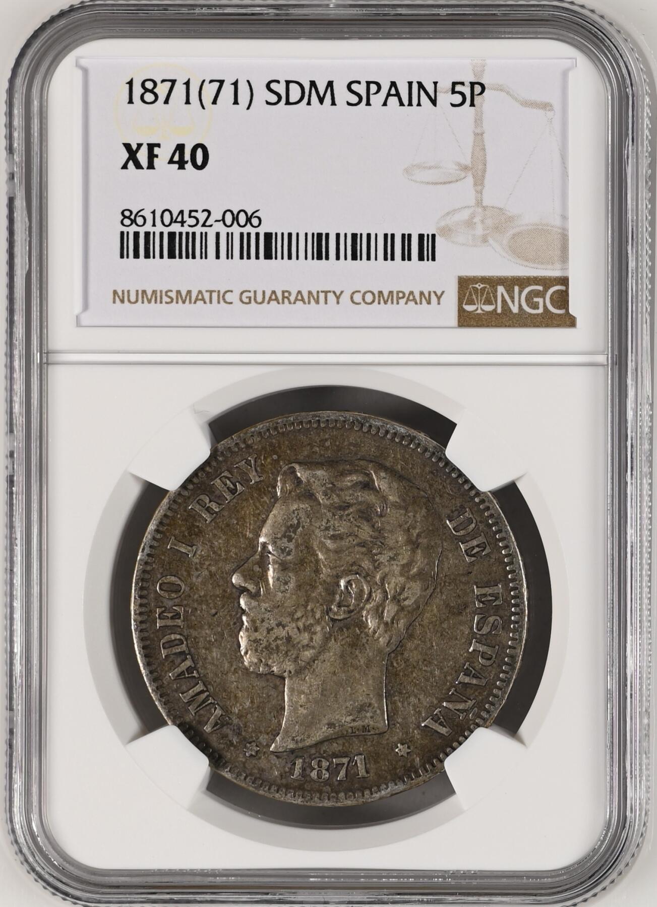 抚柳草堂-第八期章牌钱币 奖章勋章限时免佣 满百包邮 放漏专场 1871西班牙5比塞塔双柱银币 ngc xf40老包浆味道特别好 阿玛迪奥一世此人是意大利萨伏伊王朝的人在位仅两年多后背国徽中间是十字有别于波旁王朝的鸢尾花