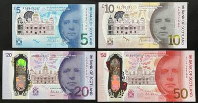 小福收藏拍卖第199期 裸钞场 本期有多张豹子号靓号 瑞士1000法郎 经典提香 毛里求斯首发年大全套 白俄罗斯5000000卢布 苏里南10000盾  爱沙尼亚  苏丹 西班牙 保加利亚 古巴等多国精美纸币 - 苏格兰 苏格兰银行 2016&2020年 5 10 20 50镑 塑料钞 1组4张（1张尾8 1张无47豹子号）） ef-aunc