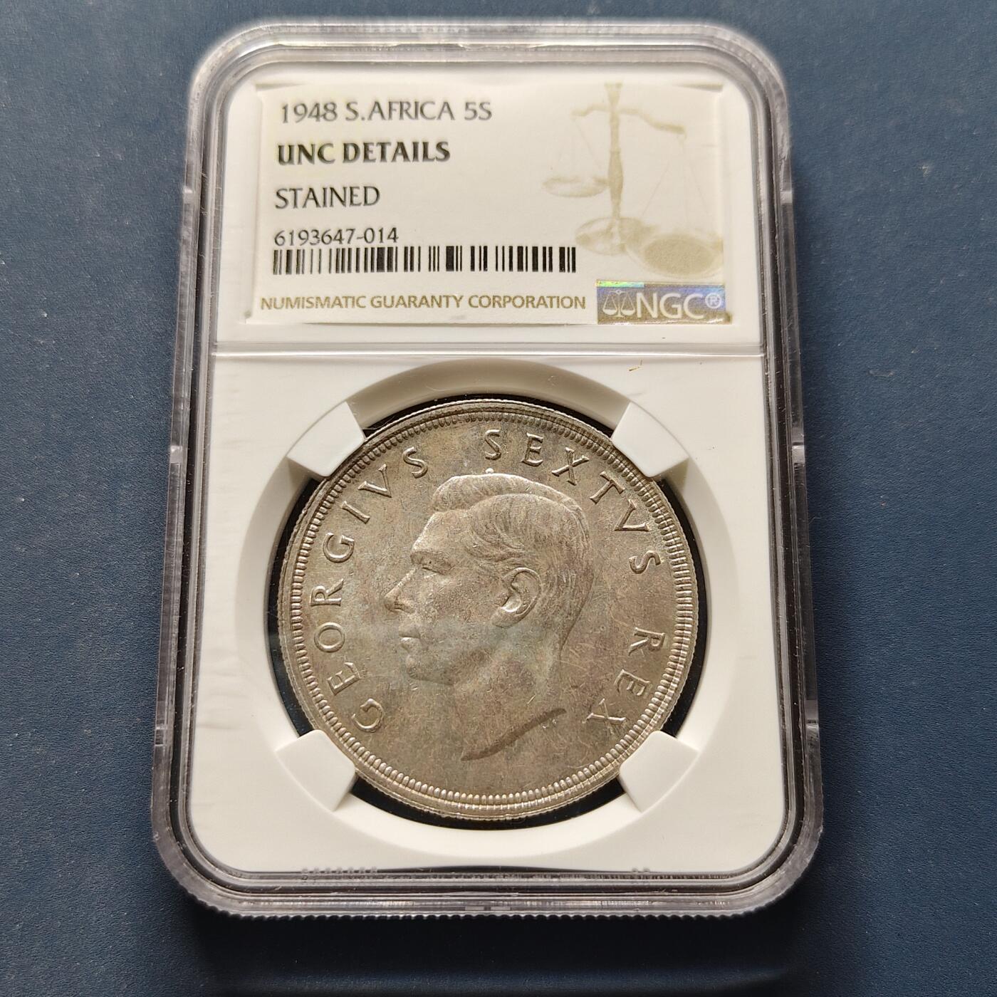 【全场包邮】纯粹捡漏拍495场-持续更新中 南非1948年乔治六世5先令羚羊克朗型银币【38.61毫米28.28克，纯银价约407元（按18元银价折算）】-NGC UNC DETAILS