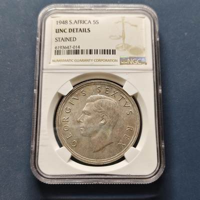 【全场包邮】纯粹捡漏拍495场-持续更新中 - 南非1948年乔治六世5先令羚羊克朗型银币【38.61毫米28.28克，纯银价约452元（按20元银价折算）】-NGC UNC DETAILS