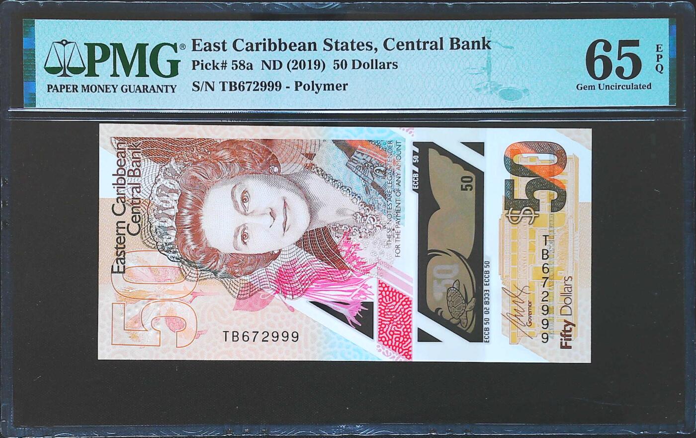世界靓号纸钞第八十一期 2019年东加勒比50元 全程无4 豹子号999 PMG65