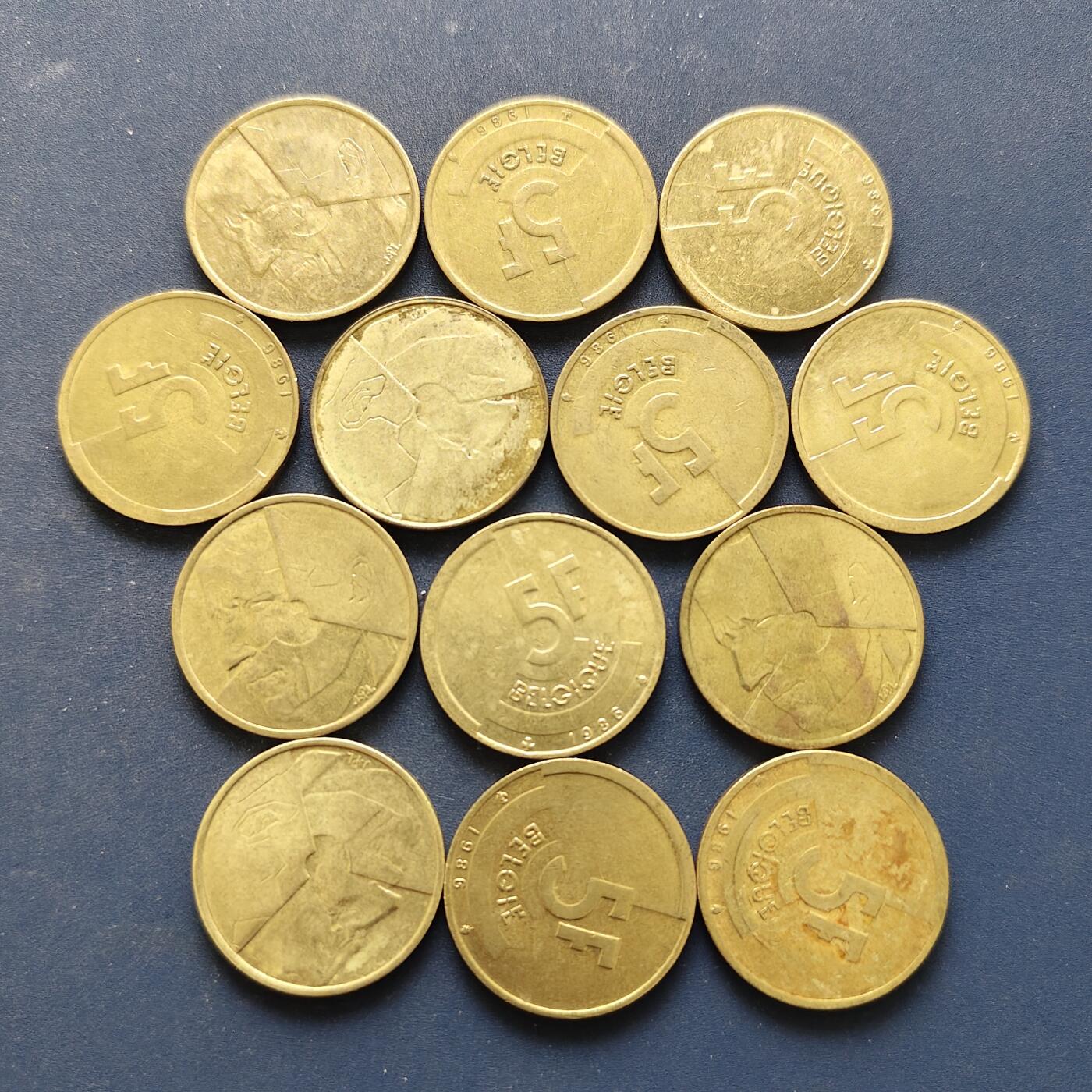 【全场包邮】纯粹捡漏拍494场 比利时各年份5法郎散币13枚一组